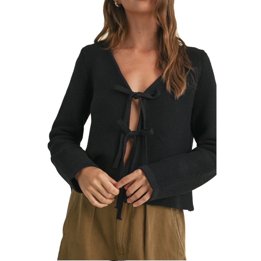 Miou Muse‎ Tie Front Cropped Knit Sweater Black Balletcore Boho NWT Size Medium